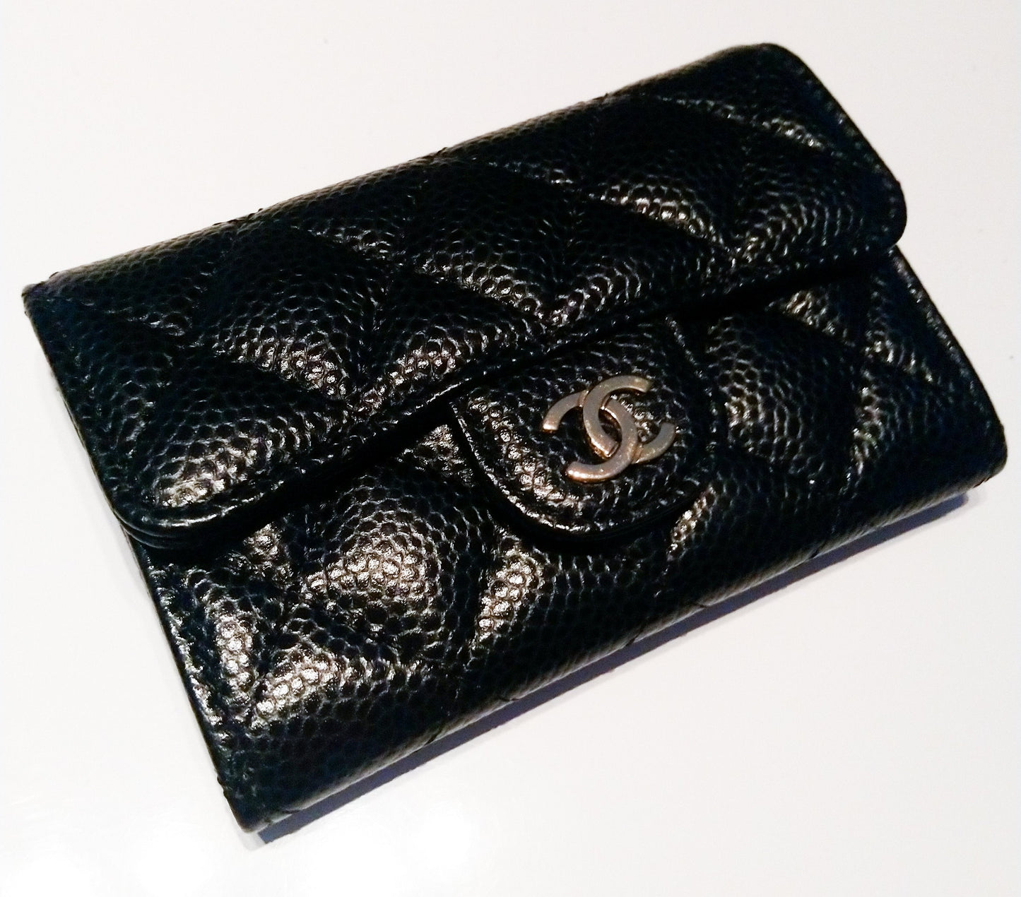 GLM-Black Classic Flap Card Caviar Leather Card Holder Wallet