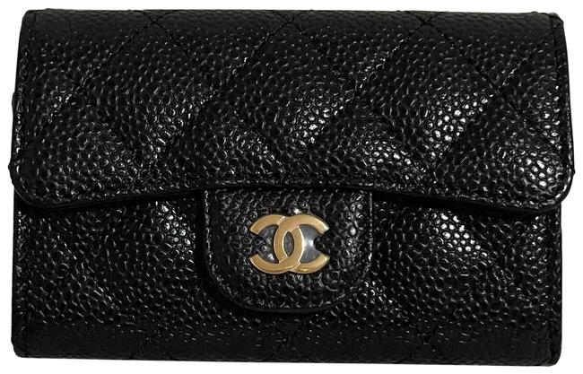 GLM-Black Classic Flap Card Caviar Leather Card Holder Wallet