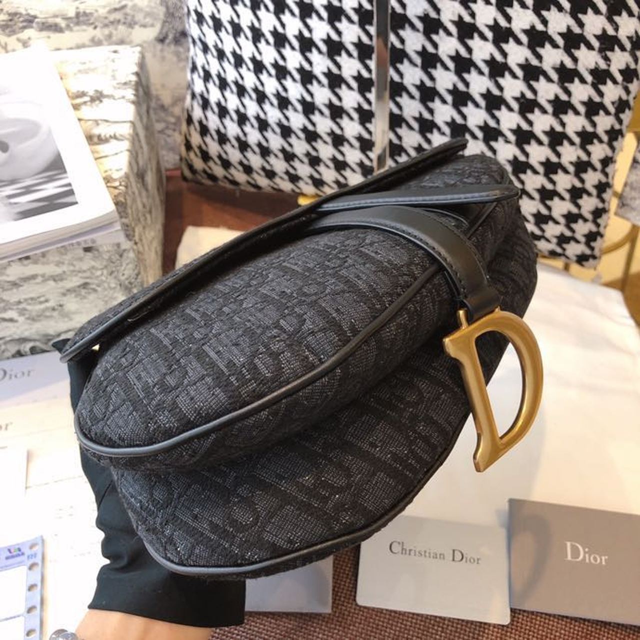 GLAMI Saddle Bag Black Oblique Embroidered Canvas Gold Toned Hardware For Women 25cm/10in CD
