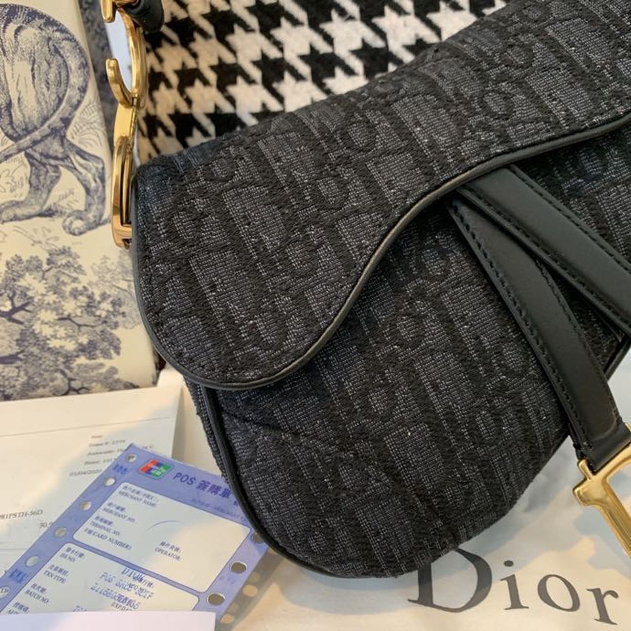 GLAMI Saddle Bag Black Oblique Embroidered Canvas Gold Toned Hardware For Women 19.5cm/7.6in CD