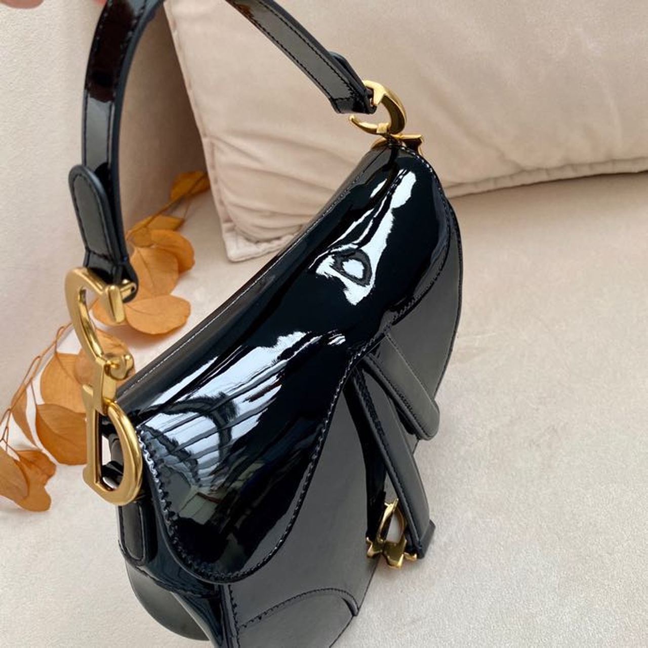 GLAMI Saddle Bag Black Patent Gold Toned Hardware For Women 19.5cm/7.6in CD