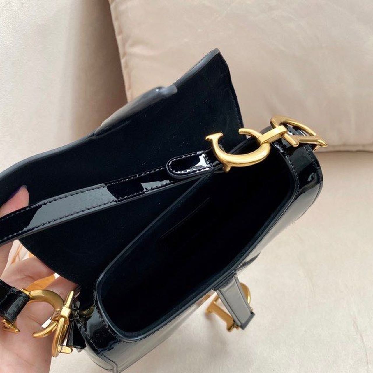 GLAMI Saddle Bag Black Patent Gold Toned Hardware For Women 19.5cm/7.6in CD