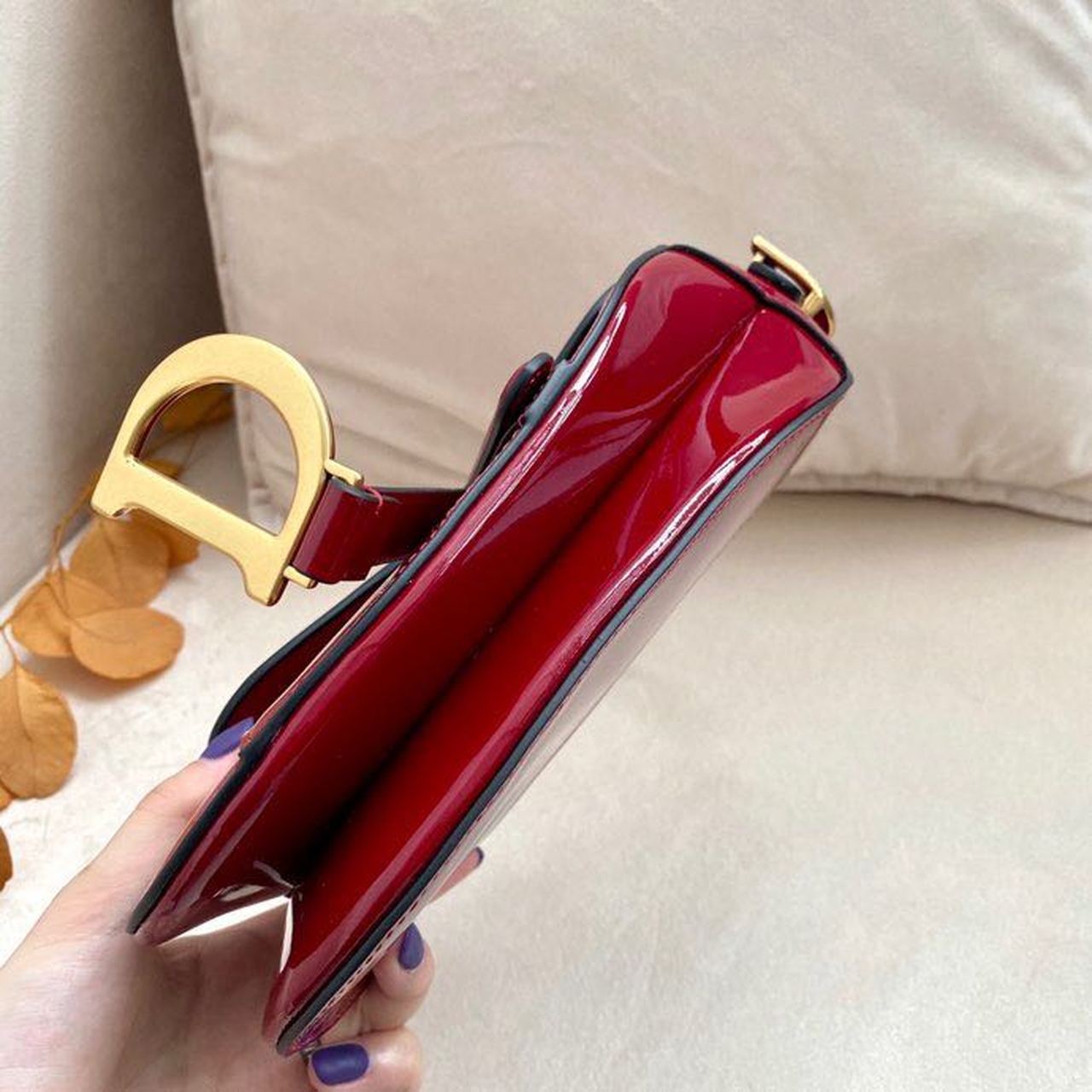 GLAMI Micro Saddle Bag Red Patent Gold Toned Hardware For Women 19.5cm/7.6in CD
