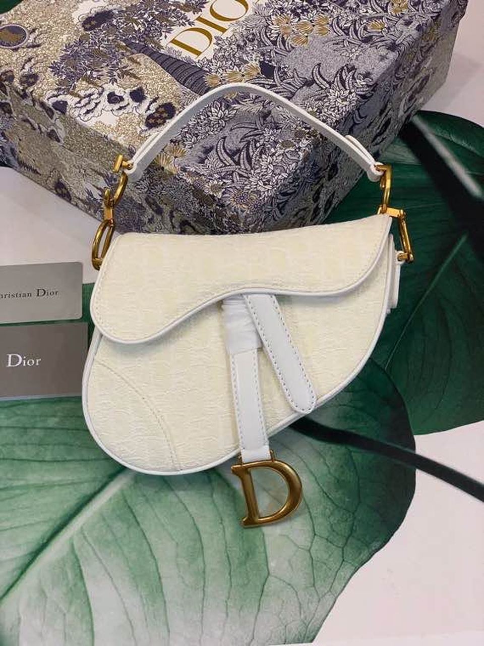 GLAMI Saddle Bag White Oblique Embroidered Canvas Gold Toned Hardware For Women 21cm/8.5in CD