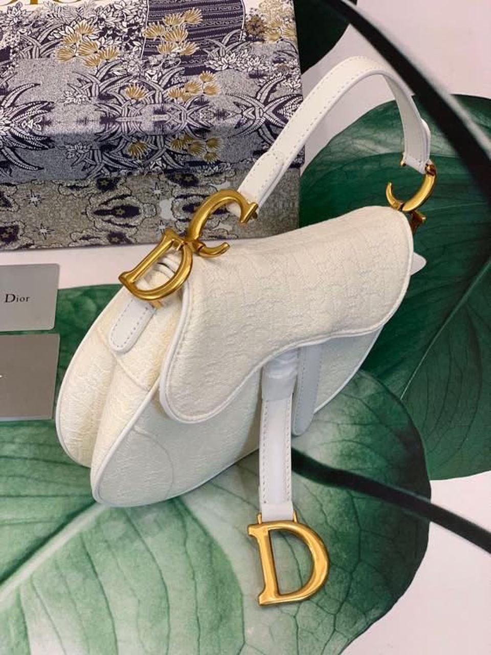 GLAMI Saddle Bag White Oblique Embroidered Canvas Gold Toned Hardware For Women 21cm/8.5in CD