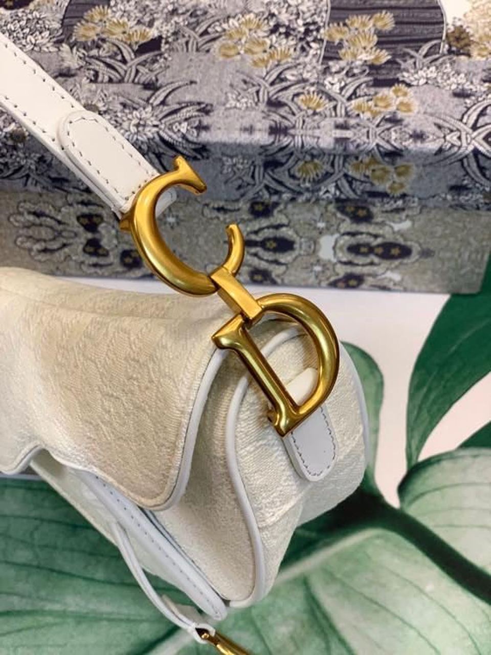 GLAMI Saddle Bag White Oblique Embroidered Canvas Gold Toned Hardware For Women 21cm/8.5in CD