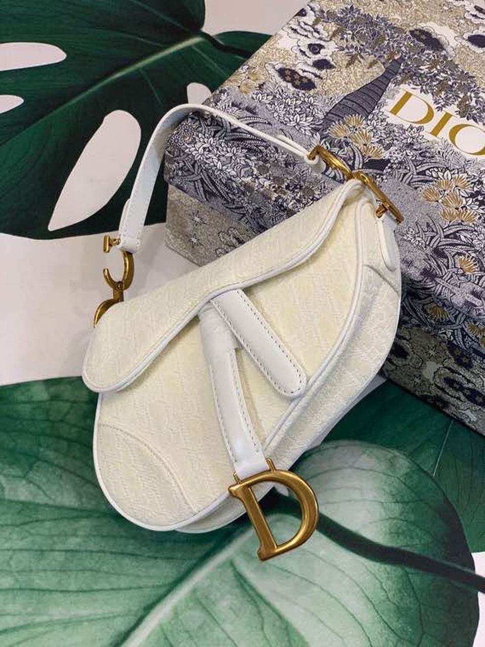 GLAMI Saddle Bag White Oblique Embroidered Canvas Gold Toned Hardware For Women 21cm/8.5in CD