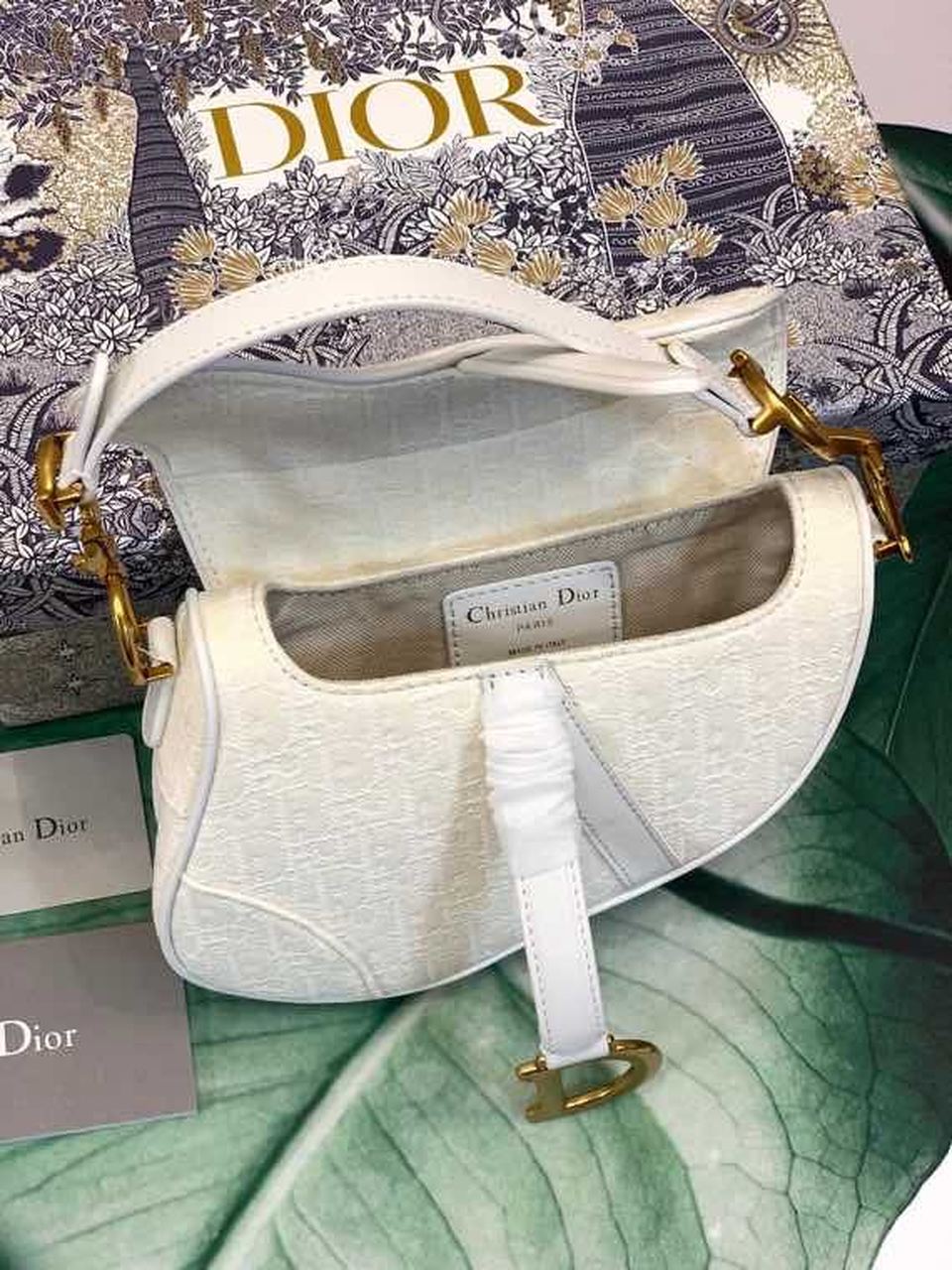 GLAMI Saddle Bag White Oblique Embroidered Canvas Gold Toned Hardware For Women 21cm/8.5in CD