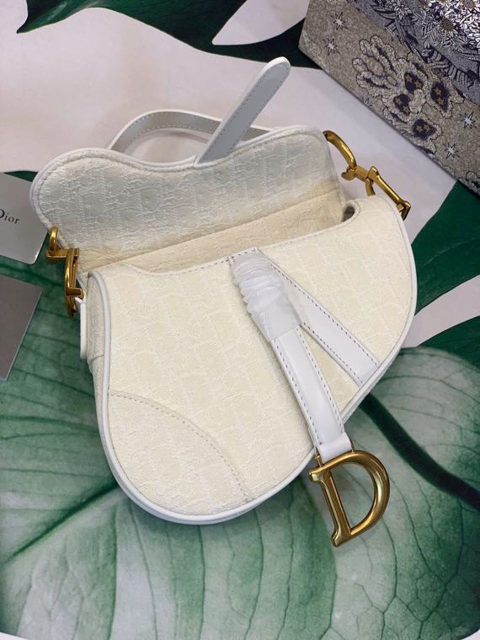 GLAMI Saddle Bag White Oblique Embroidered Canvas Gold Toned Hardware For Women 21cm/8.5in CD
