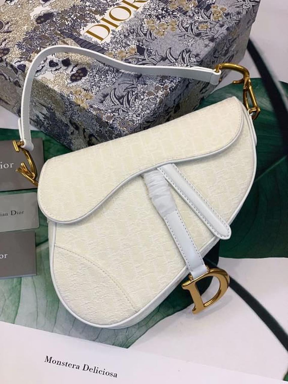 GLAMI Saddle Bag White Oblique Embroidered Canvas Gold Toned Hardware For Women 25cm/10in CD