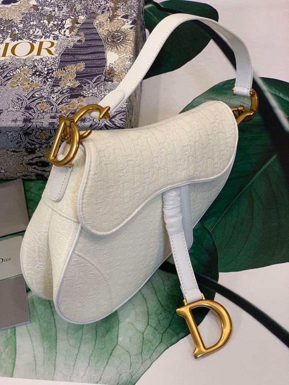 GLAMI Saddle Bag White Oblique Embroidered Canvas Gold Toned Hardware For Women 25cm/10in CD