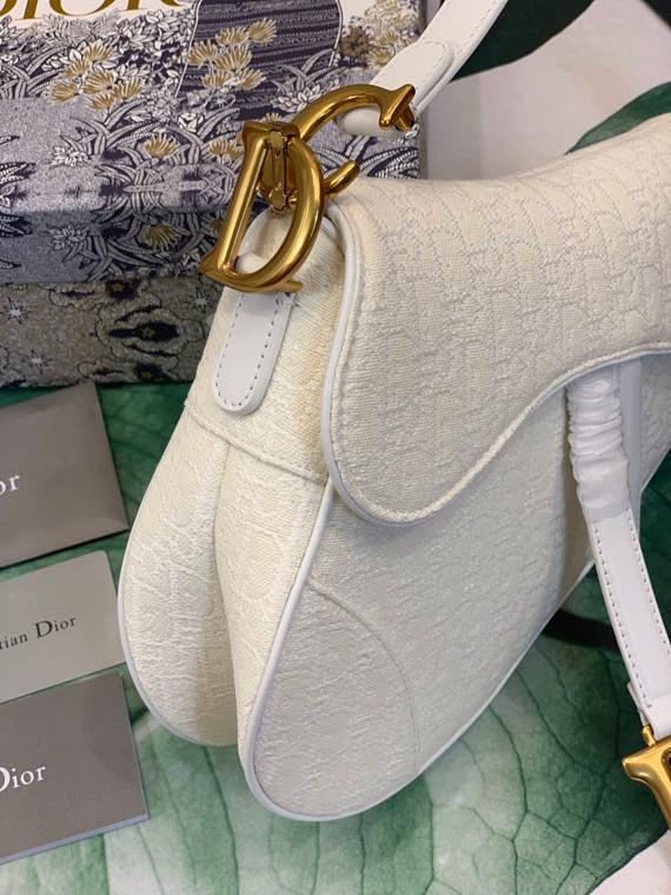 GLAMI Saddle Bag White Oblique Embroidered Canvas Gold Toned Hardware For Women 25cm/10in CD