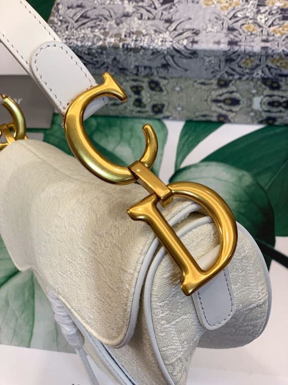 GLAMI Saddle Bag White Oblique Embroidered Canvas Gold Toned Hardware For Women 25cm/10in CD