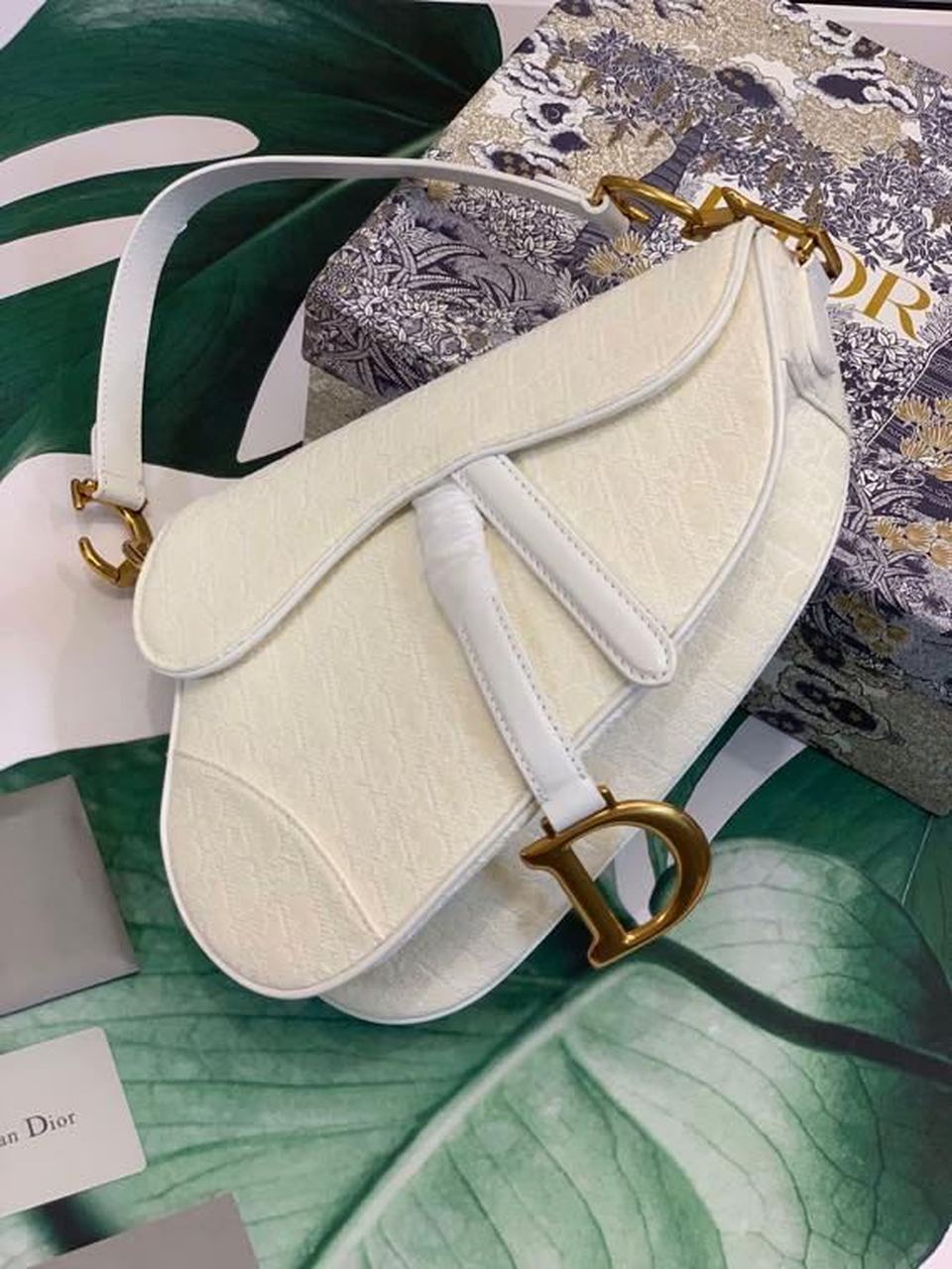 GLAMI Saddle Bag White Oblique Embroidered Canvas Gold Toned Hardware For Women 25cm/10in CD