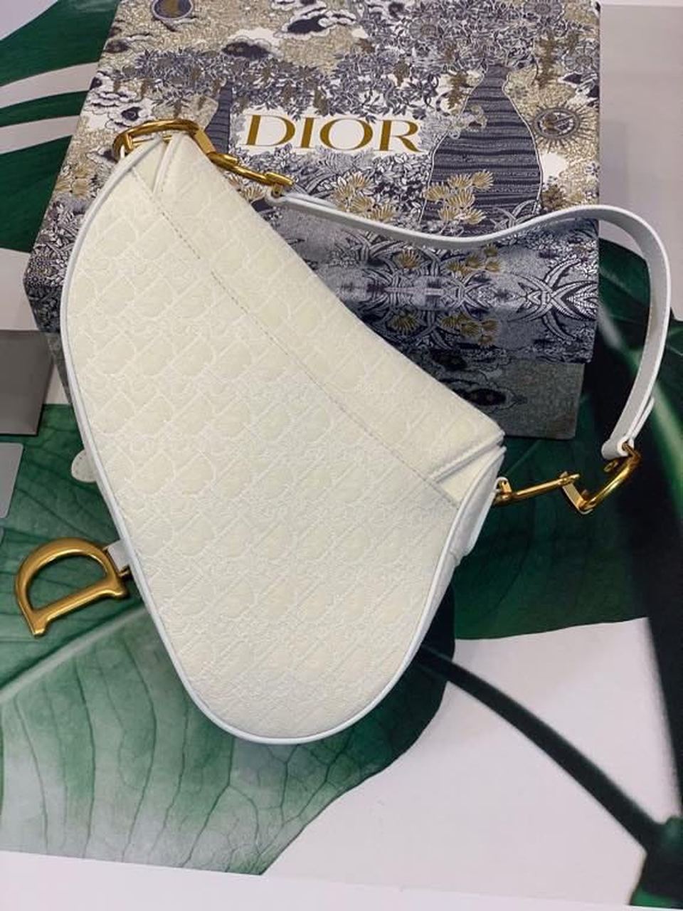 GLAMI Saddle Bag White Oblique Embroidered Canvas Gold Toned Hardware For Women 25cm/10in CD