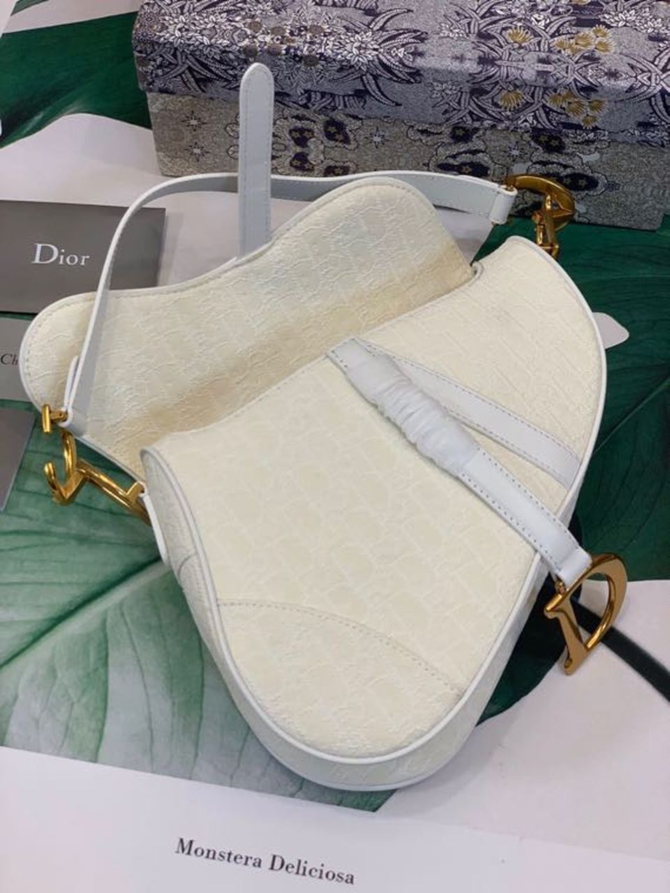 GLAMI Saddle Bag White Oblique Embroidered Canvas Gold Toned Hardware For Women 25cm/10in CD