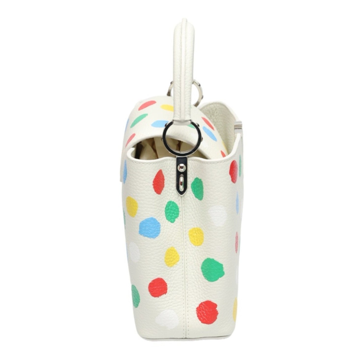 Luxurious White Leather Handbag with Yayoi Kusamas Signature Dot Pattern