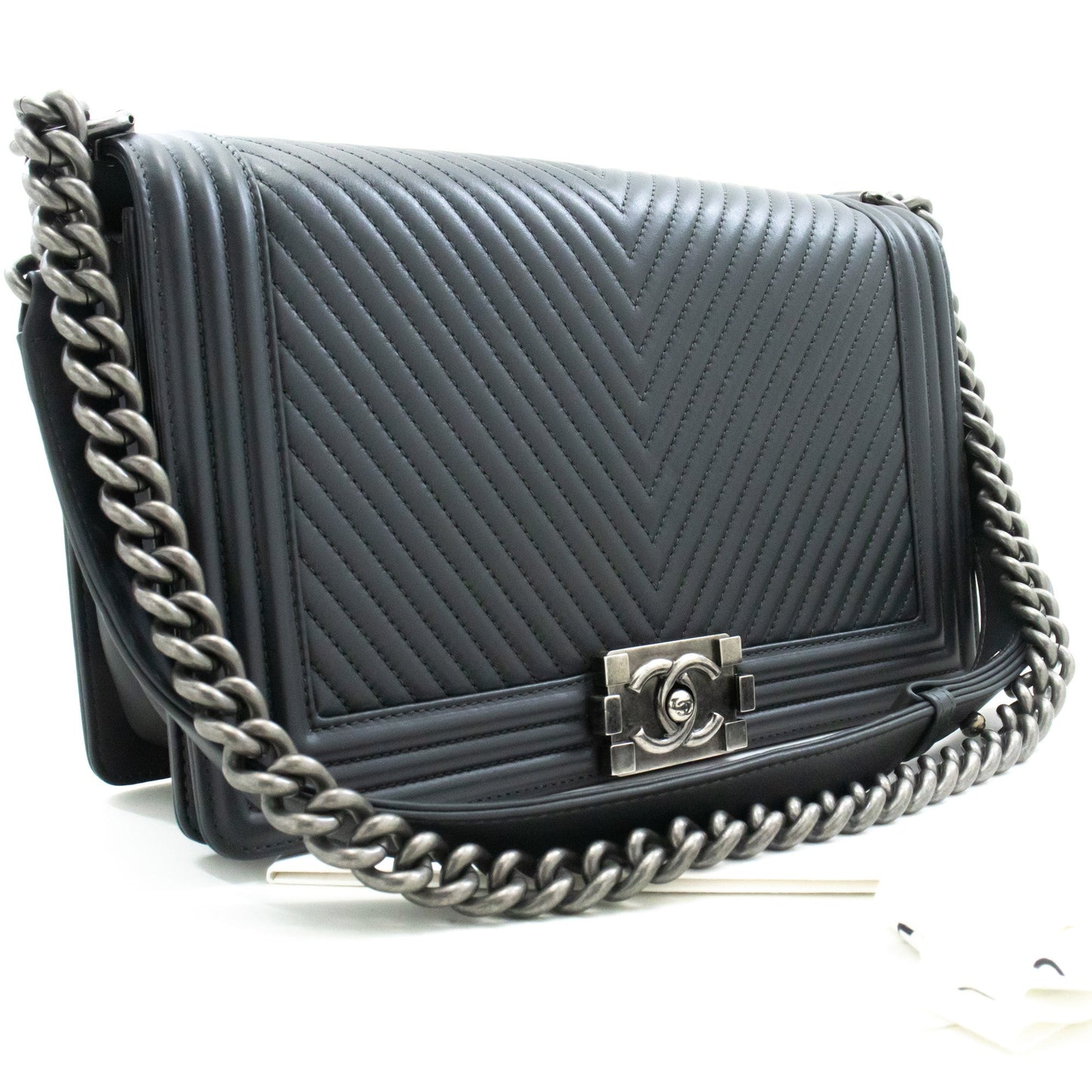 Chanel Grey Leather Designer Bag with Box and Dust Bag