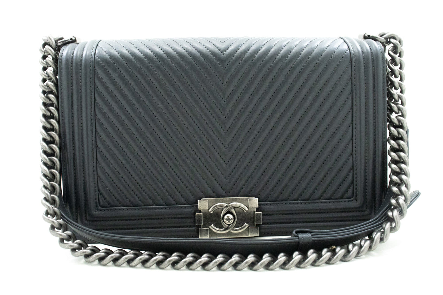 Chanel Grey Leather Designer Bag with Box and Dust Bag