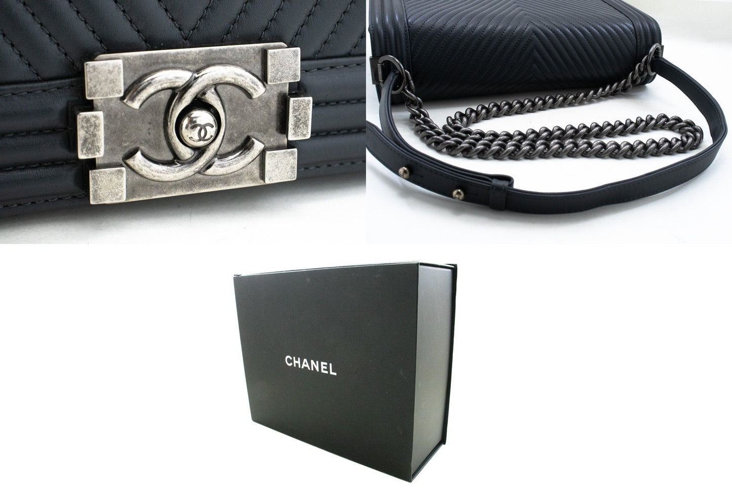 Chanel Grey Leather Designer Bag with Box and Dust Bag