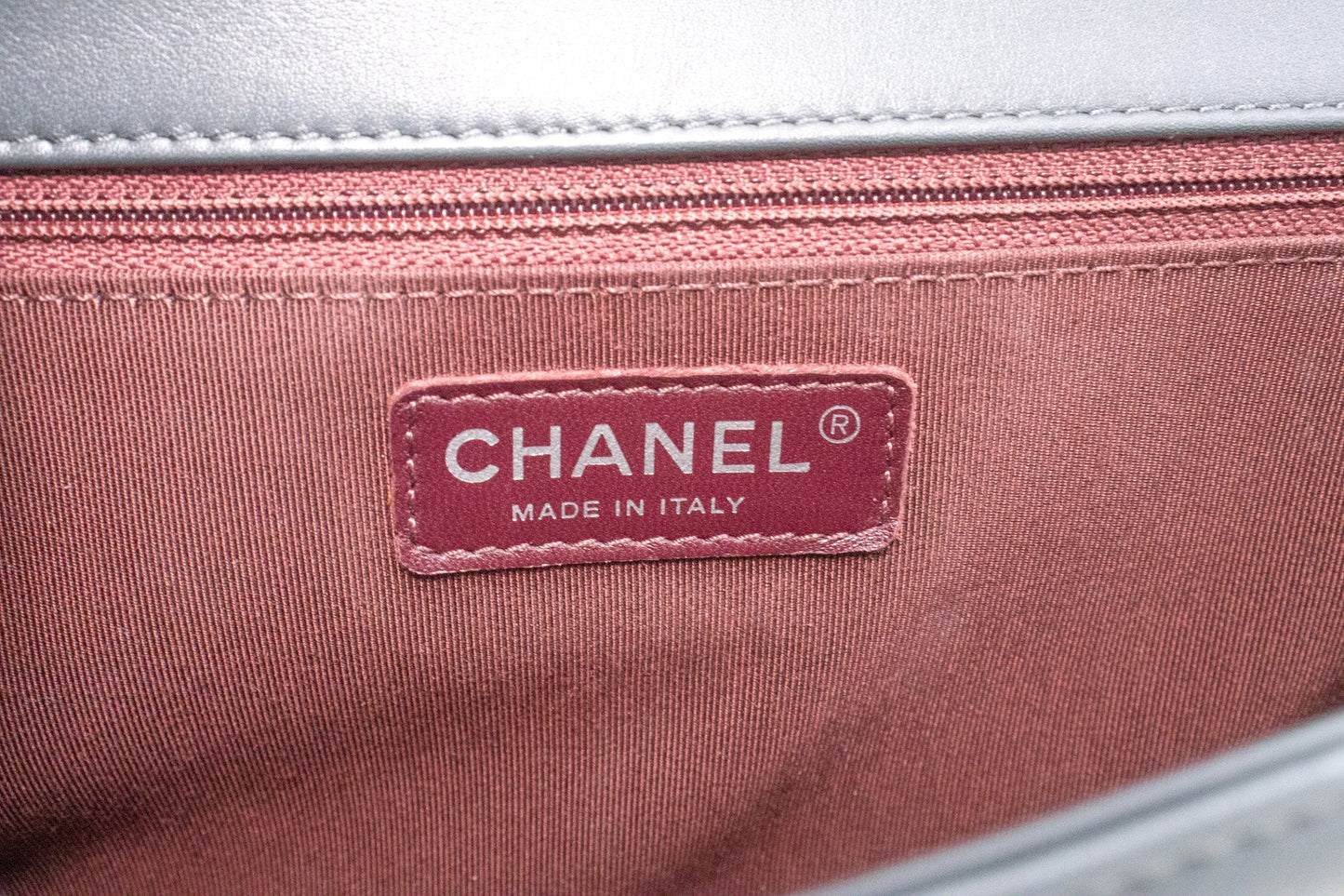 Chanel Grey Leather Designer Bag with Box and Dust Bag