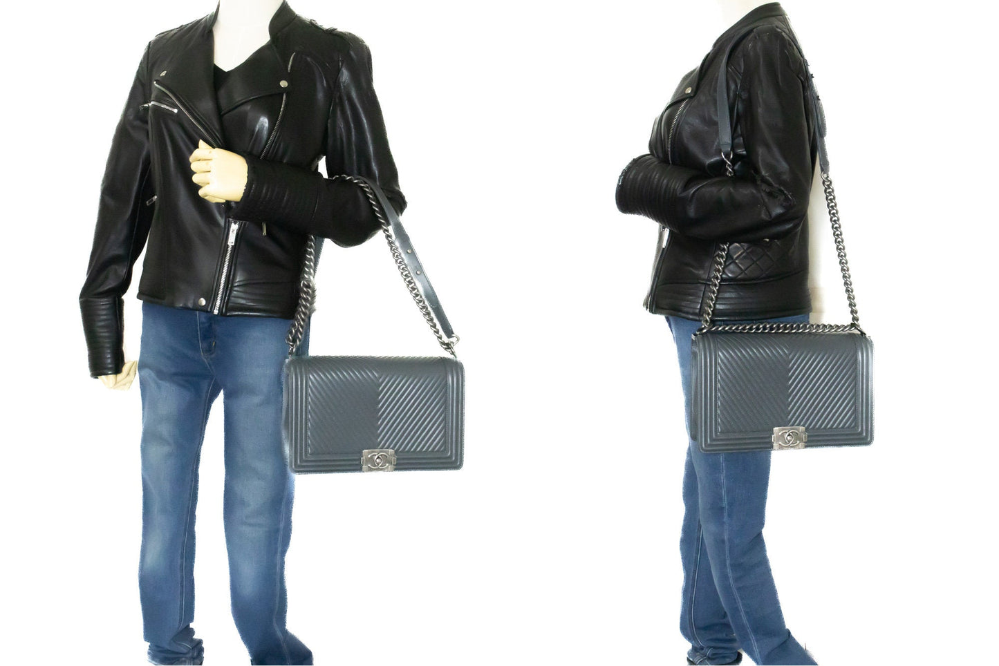 Chanel Grey Leather Designer Bag with Box and Dust Bag