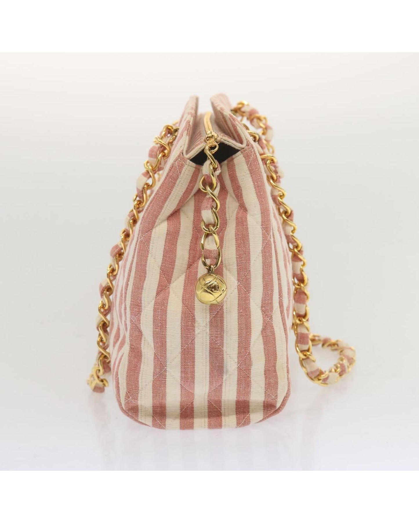 CHANEL Quilted Striped Shoulder Bag Model Pink and White