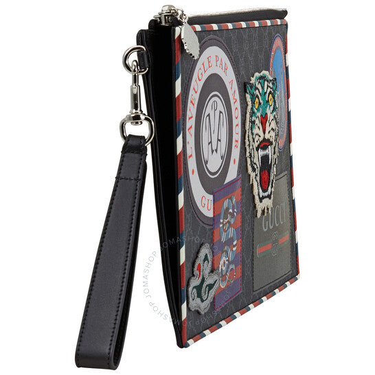 Gucci Night Courrier Large Wrist Pouch GG Supreme Canvas Clutch- Black-Grey