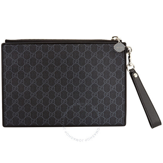 Gucci Night Courrier Large Wrist Pouch GG Supreme Canvas Clutch- Black-Grey