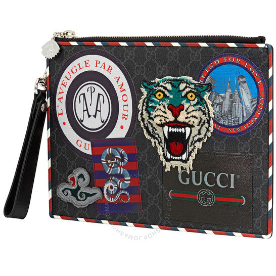 Gucci Night Courrier Large Wrist Pouch GG Supreme Canvas Clutch- Black-Grey