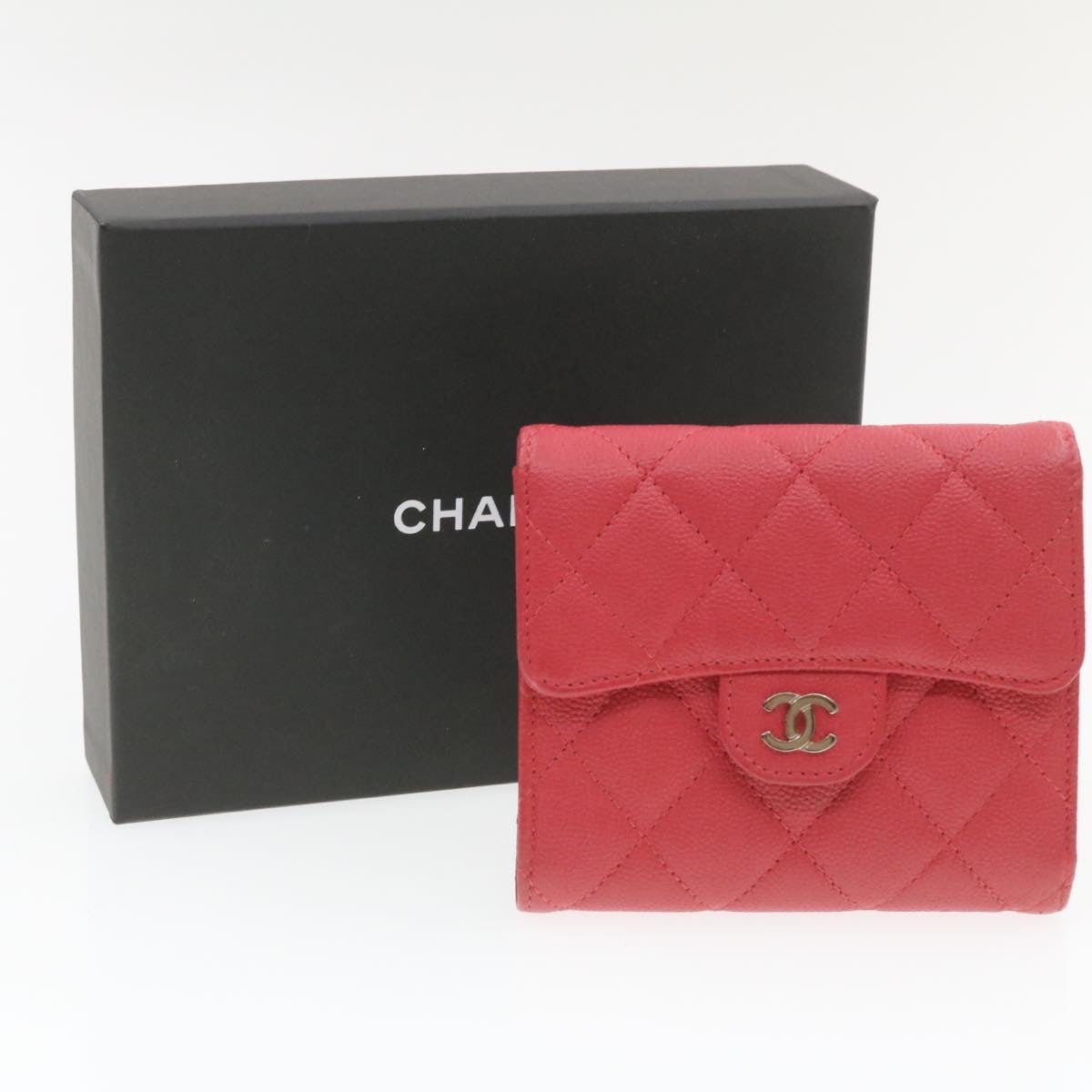 CHANEL Caviar Skin Matelasse Wallet Pink Red CC 18734A
