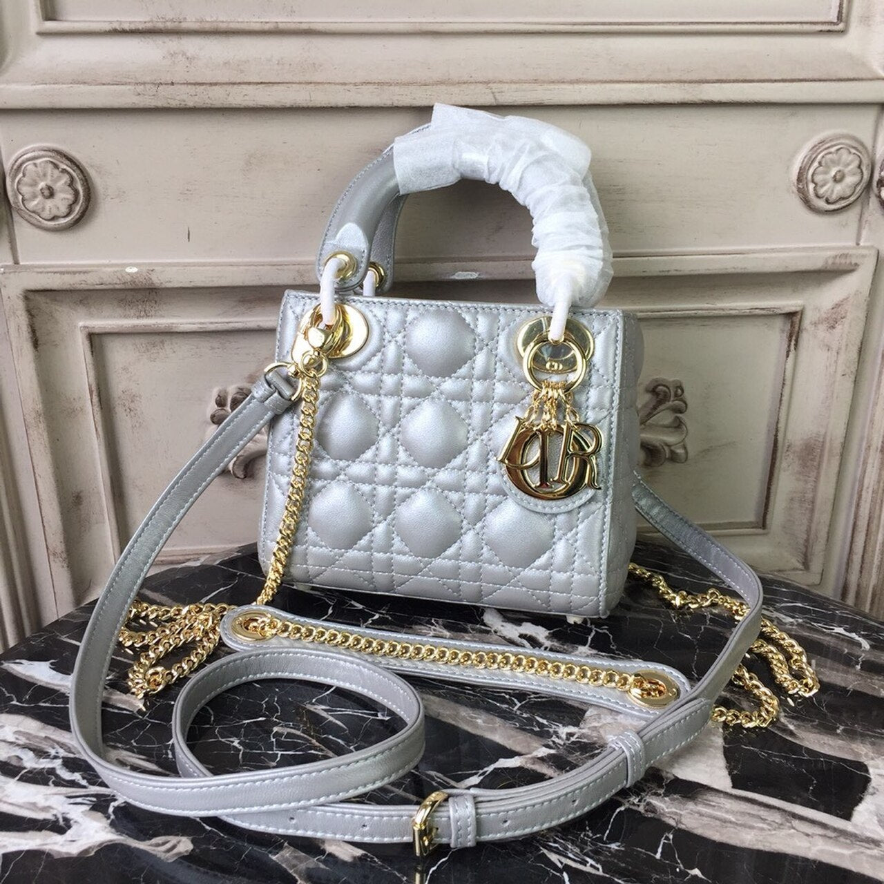 GLAMI Mini Lady Bag Silver with Chain Gold Toned Hardware For Women 6.5in/17cm CD