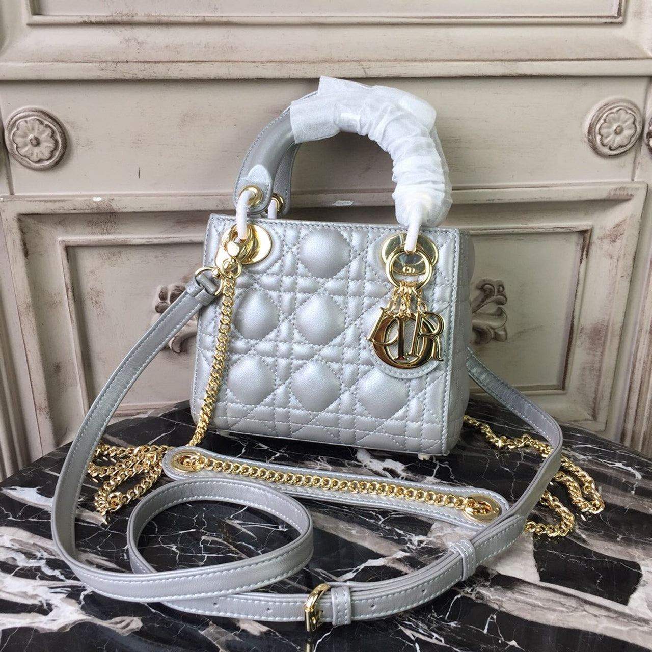 GLAMI Mini Lady Bag Silver with Chain Gold Toned Hardware For Women 6.5in/17cm CD