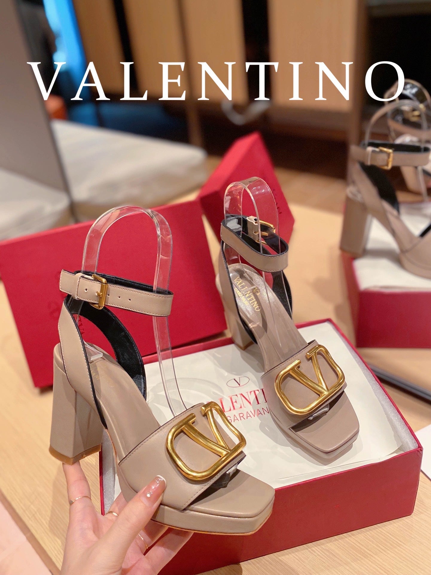 Valentino Garavani Strap Heeled Sandals With V Logo Signature EmbellisGLAMIent Beige For Women