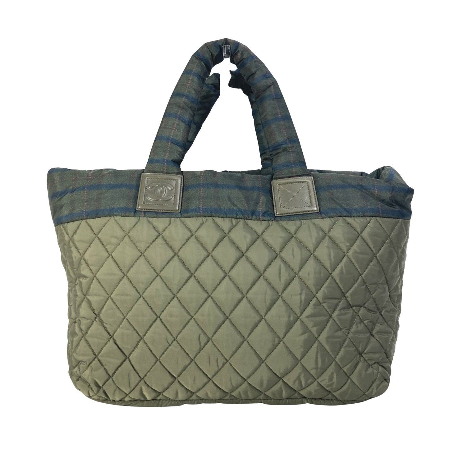 Chanel Quilted Tote Bag Plaid Trim Olive Green