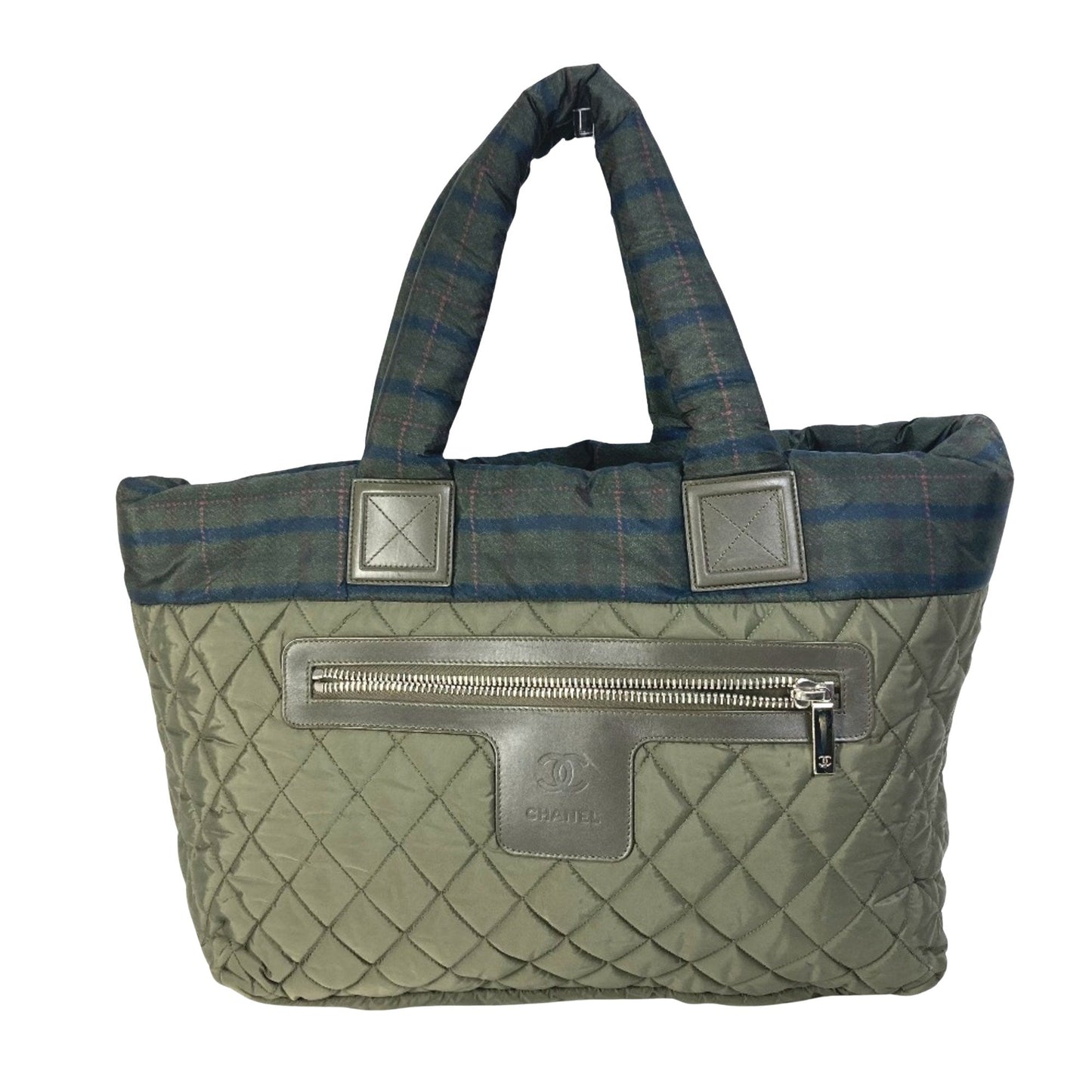 Chanel Quilted Tote Bag Plaid Trim Olive Green
