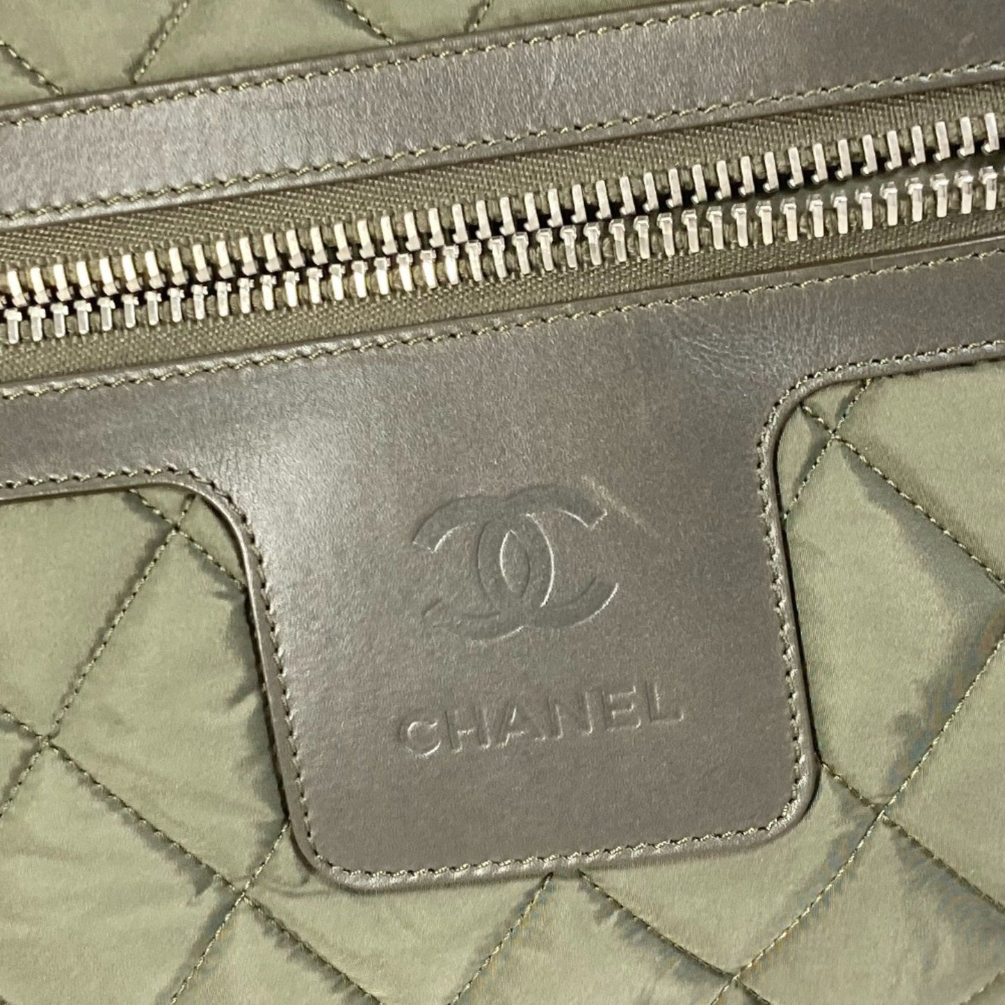Chanel Quilted Tote Bag Plaid Trim Olive Green
