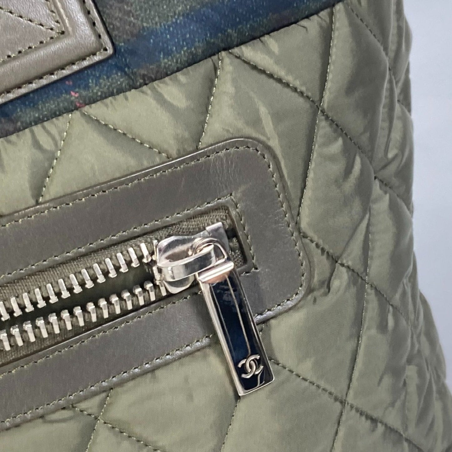 Chanel Quilted Tote Bag Plaid Trim Olive Green