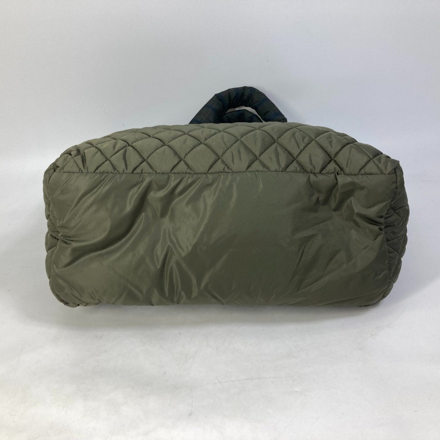 Chanel Quilted Tote Bag Plaid Trim Olive Green