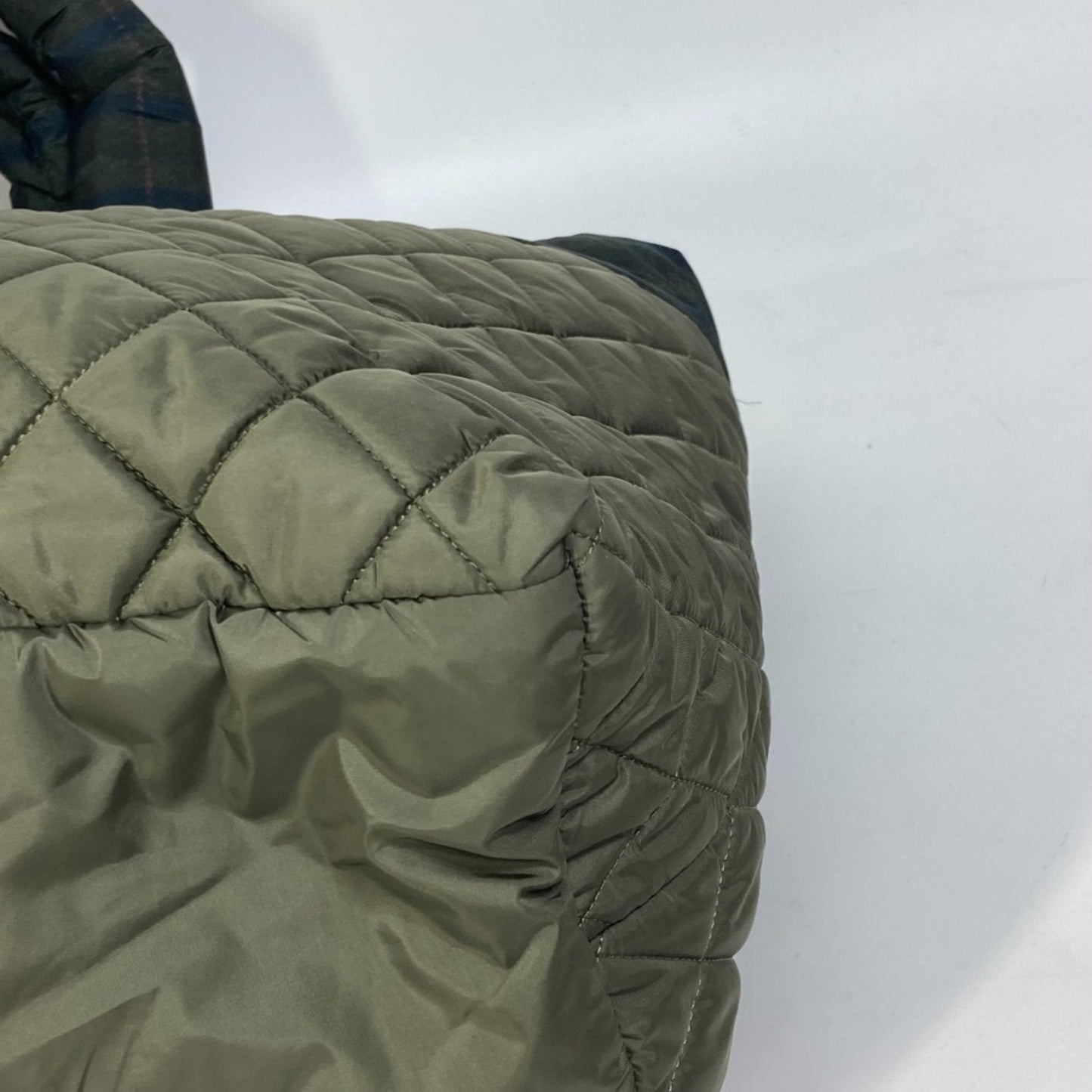 Chanel Quilted Tote Bag Plaid Trim Olive Green