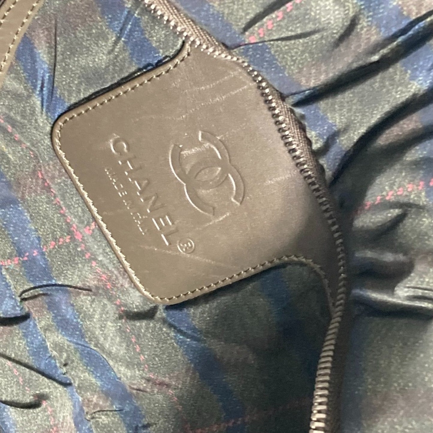 Chanel Quilted Tote Bag Plaid Trim Olive Green