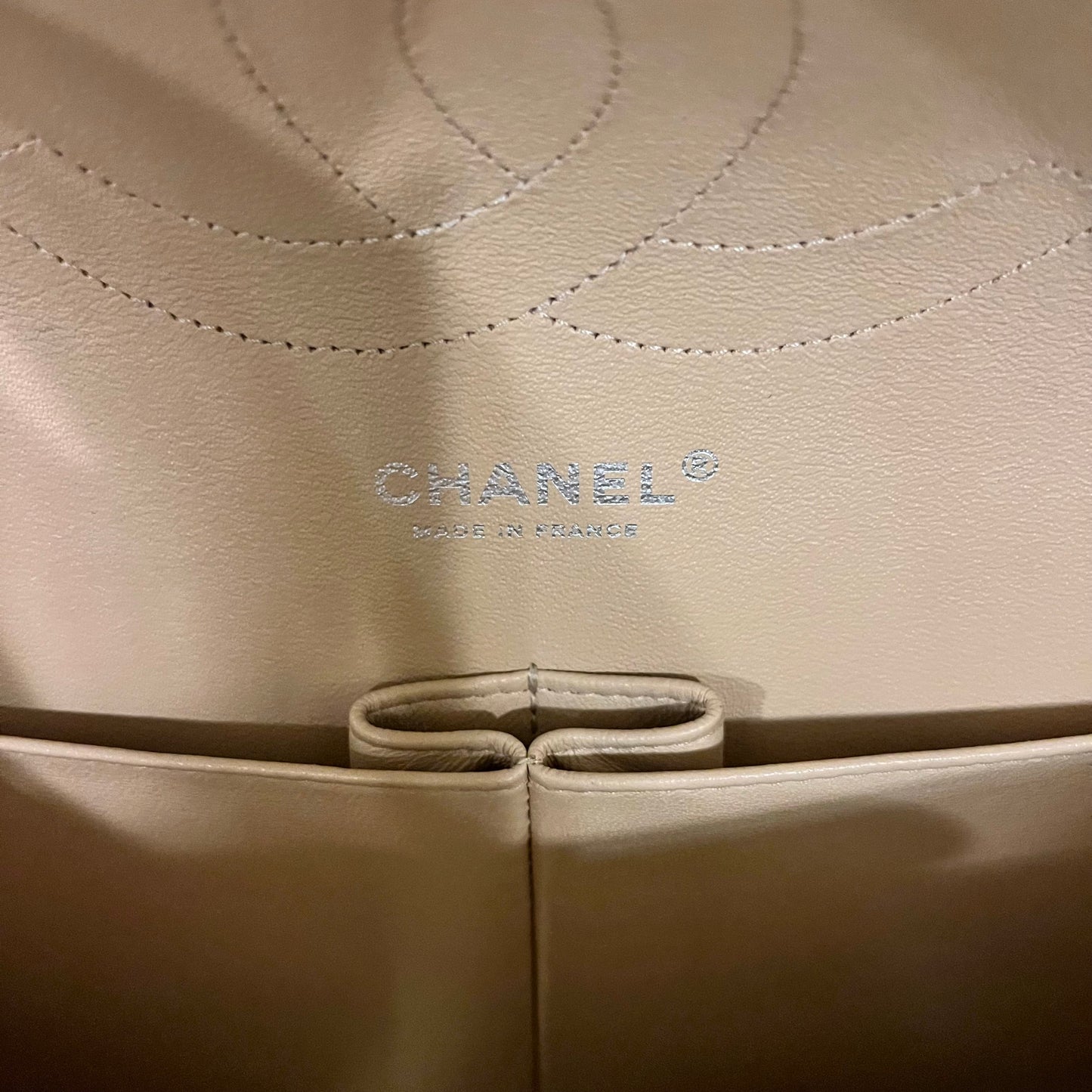 CHANEL Classic Double Flap Jumbo Beige Quilted Caviar Leather Shoulder Bag