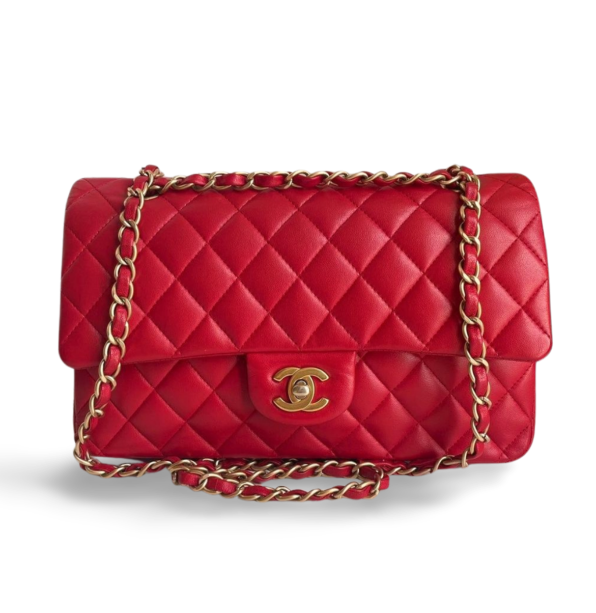 GLM-Red Classic Double Flap Bag in Medium Size Lambskin Leather With Gold Hardware