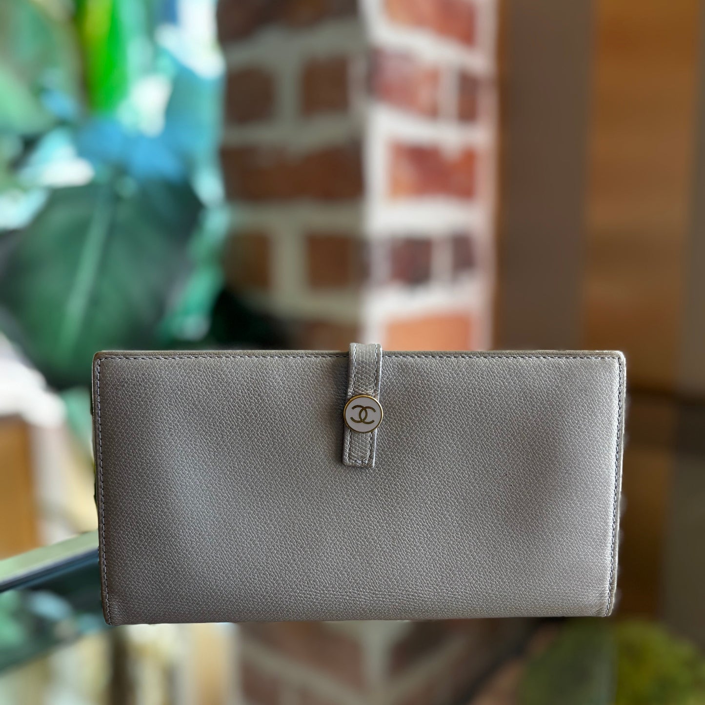 CHANEL Gray Coco Button Wallet