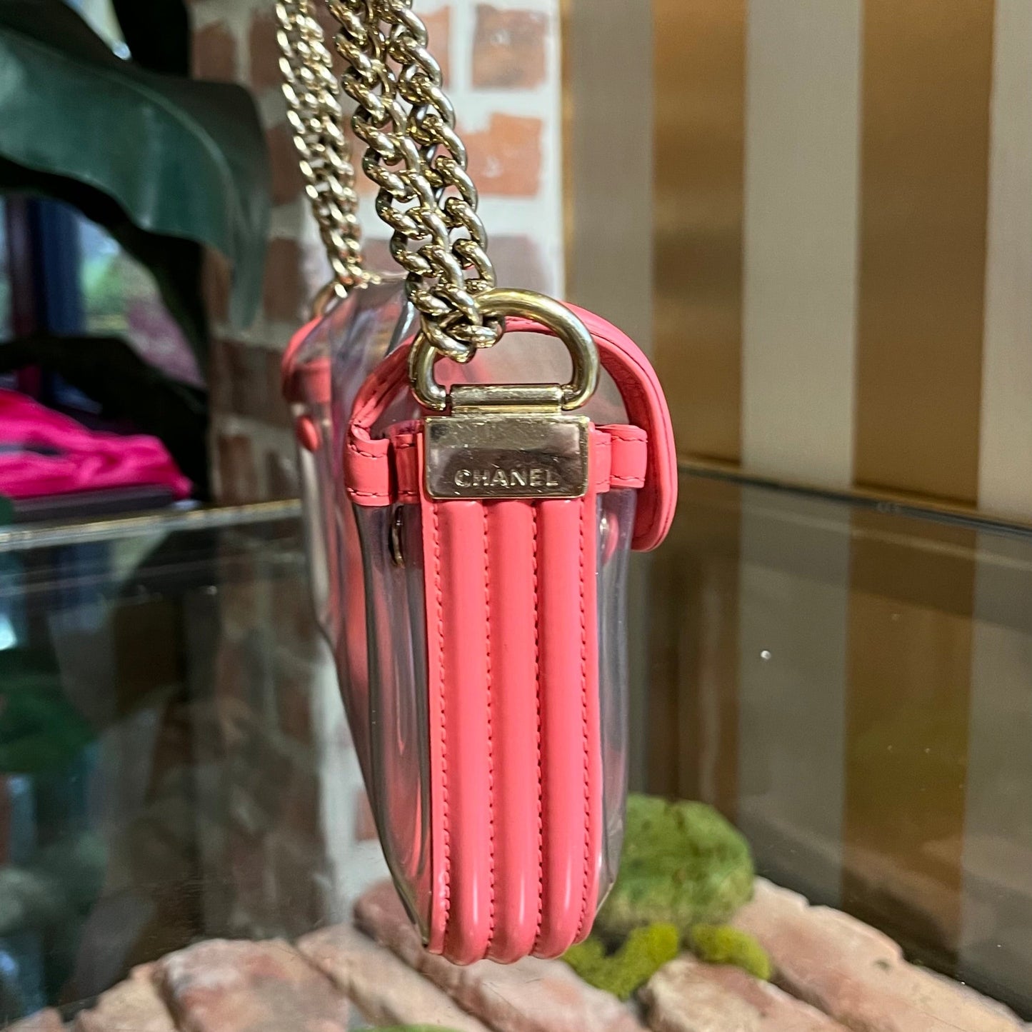 CHANEL Transparent And Pink Vinyl CC Chain Small Shoulder Bag
