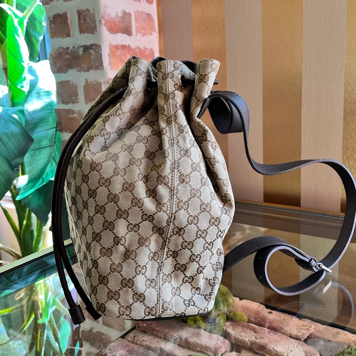 GUCCI GG Monogram Canvas Dollar Calfskin O Drawstring Backpack