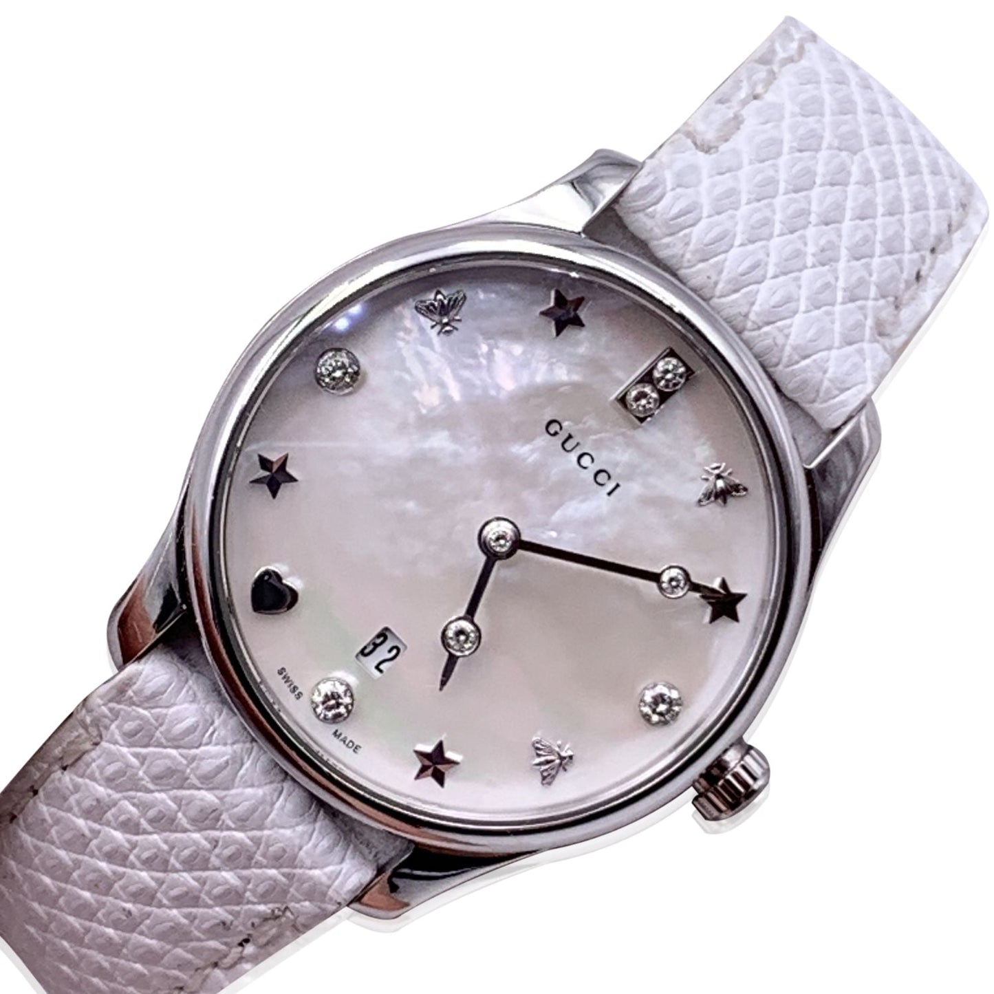 GUCCI White G-Timeless Slim Diamond Mother Of Pearl Dial Watch