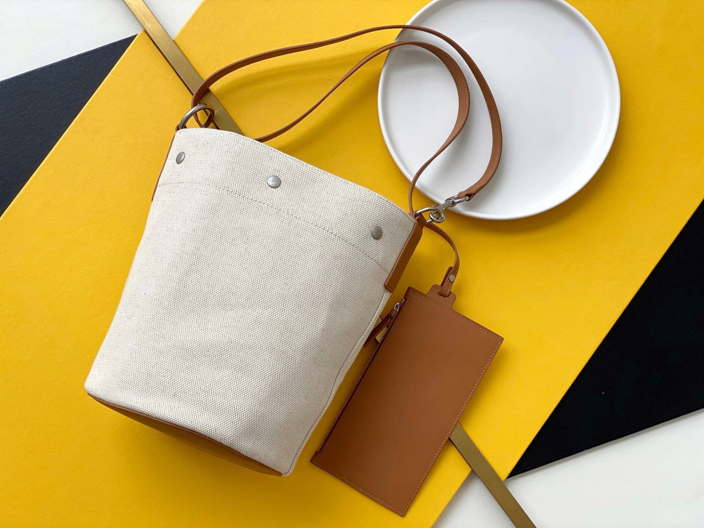 GLAMI Rive Gauche Bucket Bag In Linen With Brown Strap For Women 11.4in/30cm YSL 669299FAABK9053
