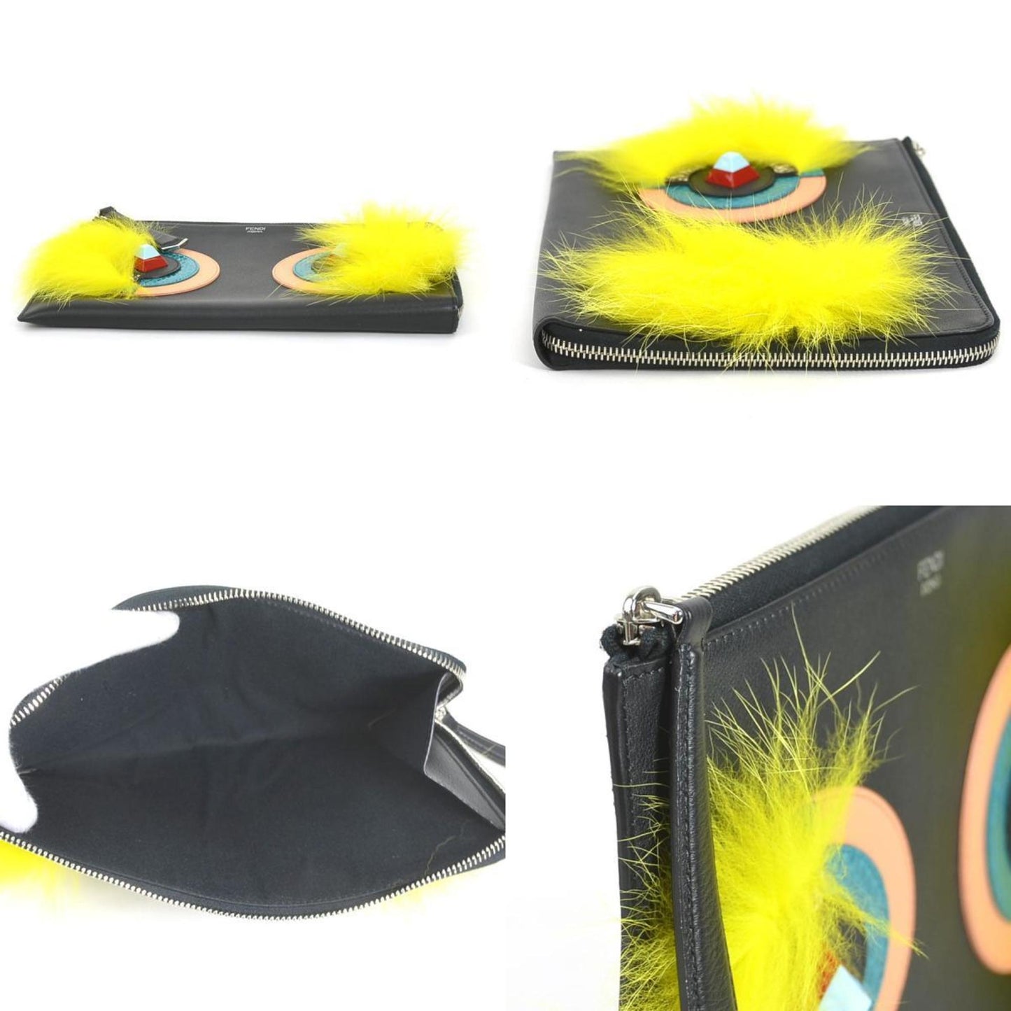 FENDI Clutch Bag Monster Leather/Fur Black/Multicolor Unisex e55994g