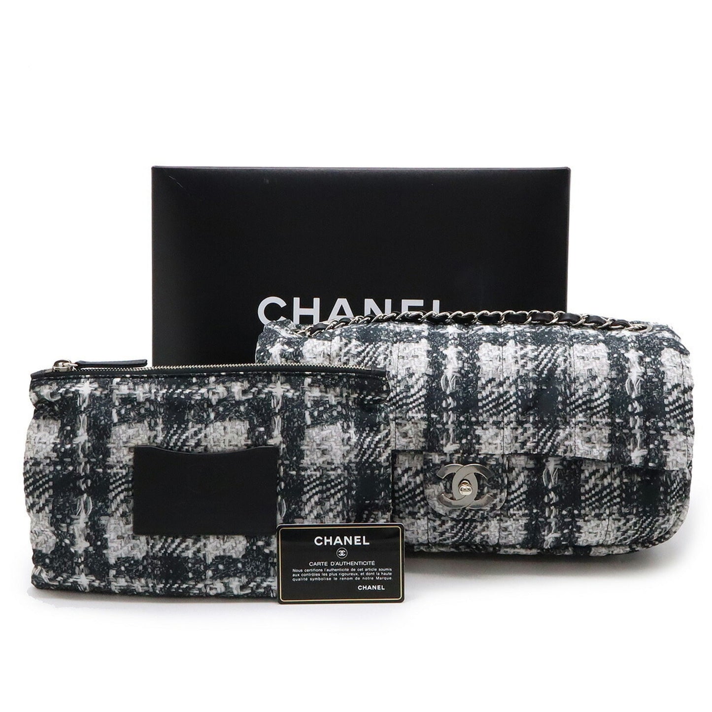 Chanel Tweed Single Flap Bag with Box and Accessories